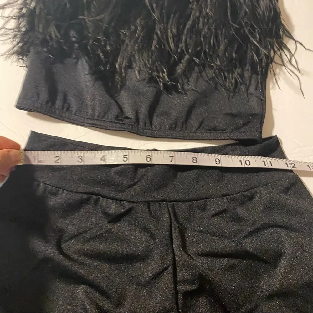 Kelle dance black feather costume 2 piece wide leg pants top 2900 3806 MA adult